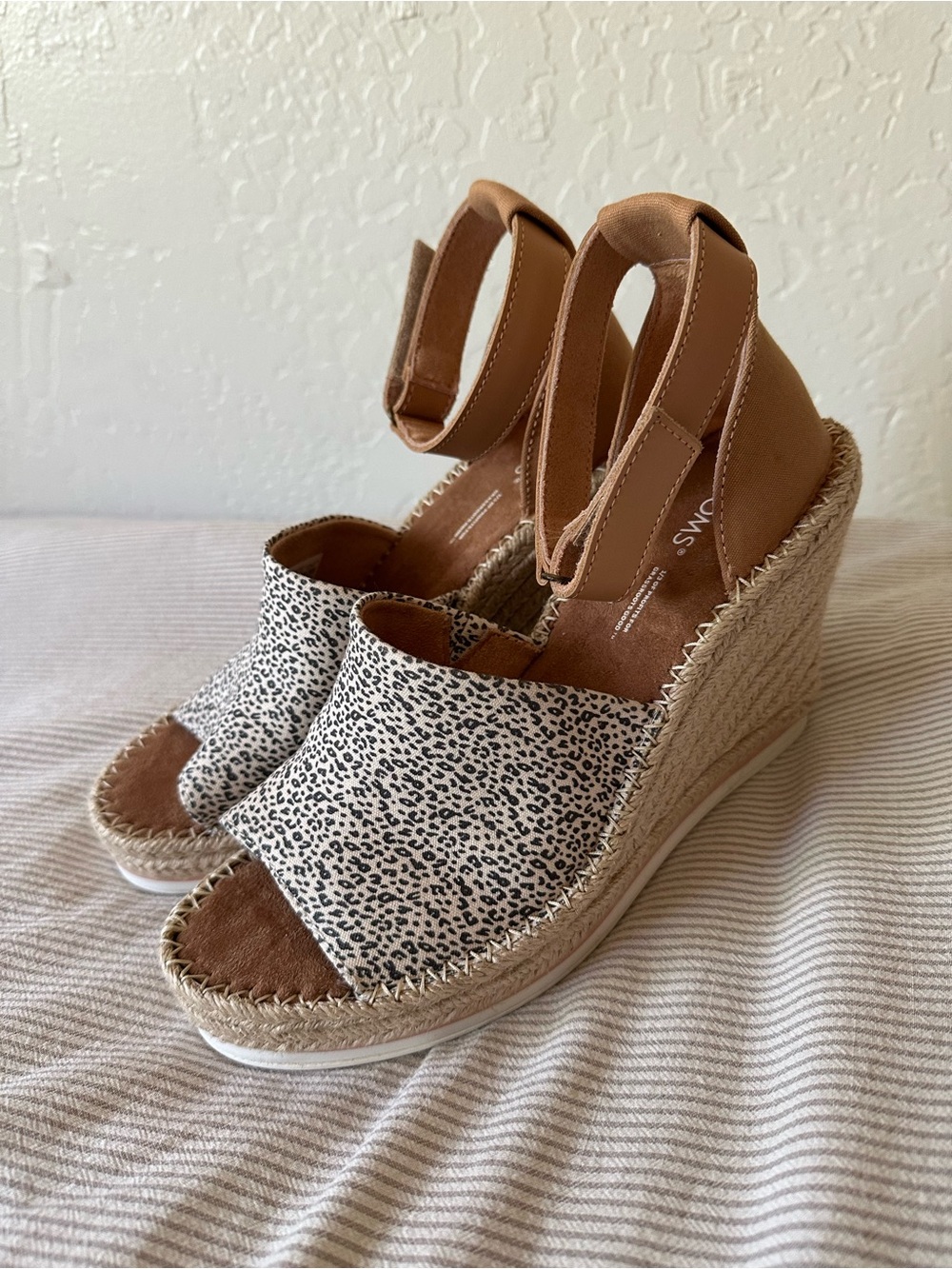 Toms Leopard Print Espadrille Wedges with Tan Ankle Strap